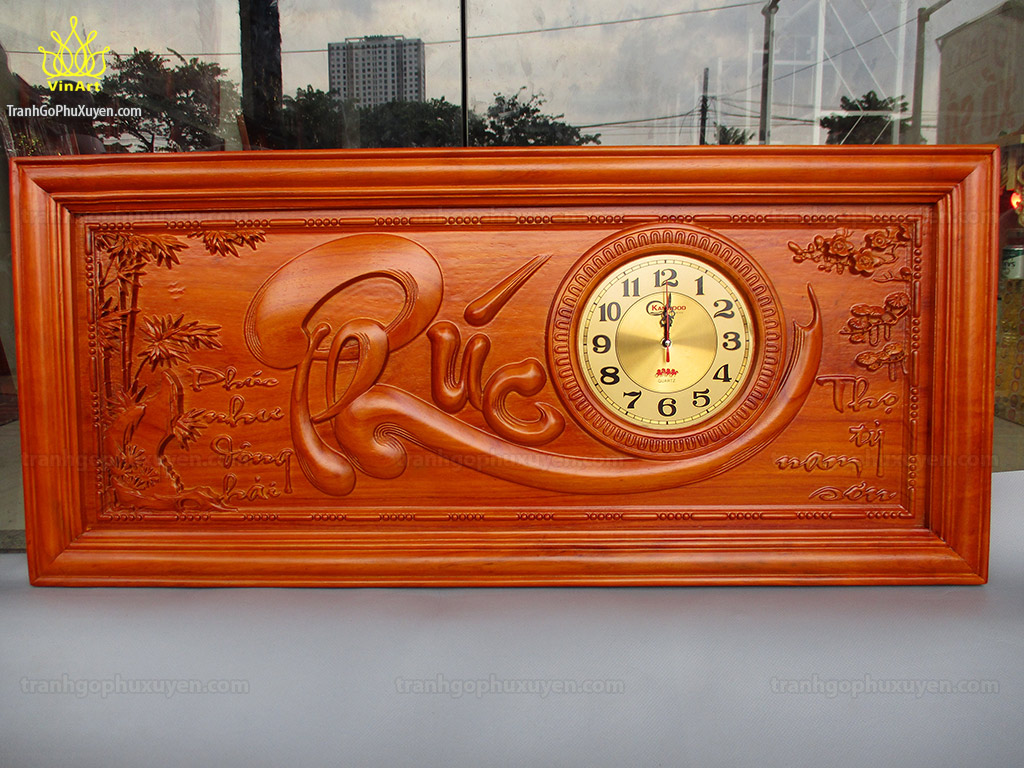 tranh gỗ đồng hồ chữ phúc 108cm pu